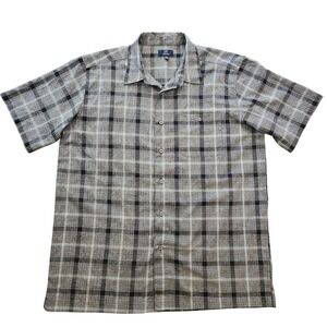 George Mens Large Short Sleeve Button Up Shirt Grey Black Plaid Camp Collar L